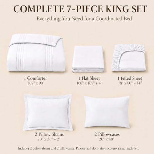 CozyLux King Size Comforter Set White- 7 Pieces Bed in a Bag