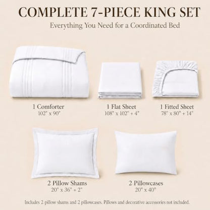 CozyLux King Size Comforter Set White- 7 Pieces Bed in a Bag