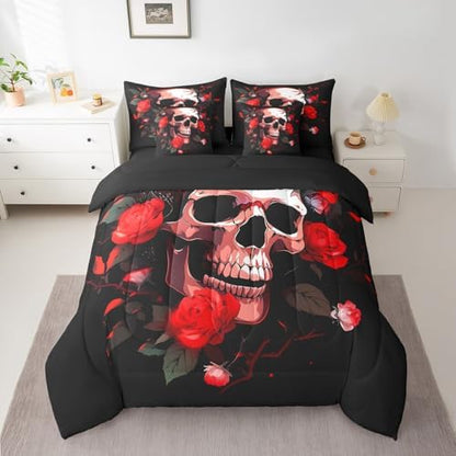 Erosebridal 7Pcs Sugar Skull Comforter Set Full Size,Skull Rose Floral Bedding Set,Exotic Spooky Flowers Bed in A Bag,Halloween Gothic Bones Skeleton Sheet Set with Comforter