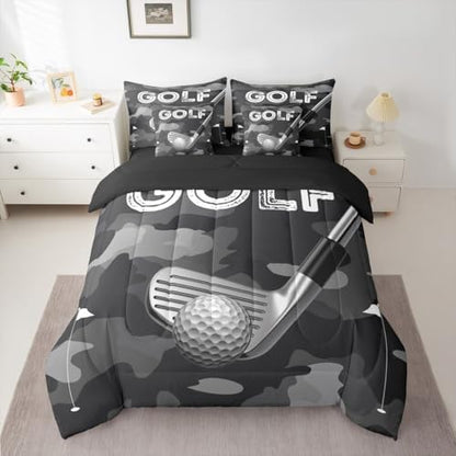 Erosebridal Golf Bedding - Sports Ball Pattern King Comforter Set with Sheets, Camo Golf Print Kids Comforter Sets for Boys Girls 7 Pieces Bed Set Bedroom Decor