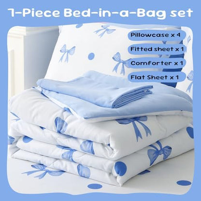 Wajade 7 Piece Blue Bow Comforter Set for Girls Kids Full Size Bedding Set with Sheet and 2 Pillowcases 2 Pillow Shams Cute Girls Bed in a Bag as Birthday Choice