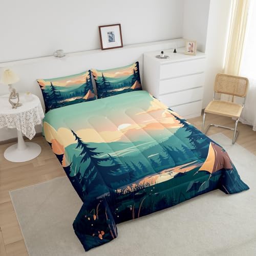 Sunset Comforter Set Twin Size,Mountain Lake Nature Scenery Bedding Set for Kids Teens Adults Room Decor,Camping Adventure Theme Duvet Insert 2Pcs,Woodland Tree Natural Green Quilt Set,1 Pillowcase