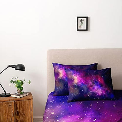 Galaxy Duvet Cover Space Bedding Set Full Size for Teen Kids, for Boys and Girls Purple Bed Set Printed with 1 Comforter Cover and 2 Pillowcases