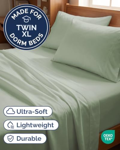 Twin XL 4 Piece Sheet Set - College Dorm Room Essentials - Eucalyptus