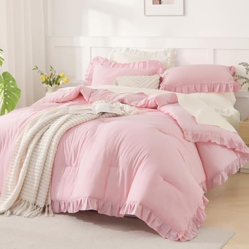 Andency Pink King Size Comforter Set, 3 Pieces Solid Farmhouse Bedding
