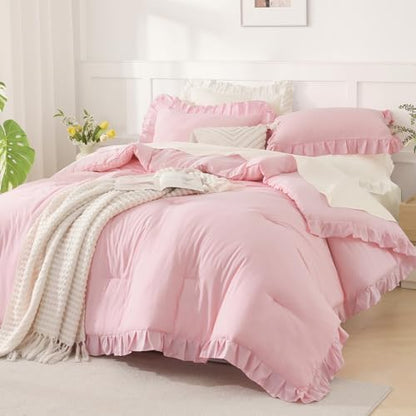 Andency Pink King Size Comforter Set, 3 Pieces Solid Farmhouse Bedding