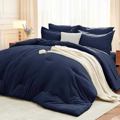 MUXHOMO 7 Pieces Oversized Queen Comforter Set, Soft Bed in a Bag Oversized Queen Size, All Season Bedding Set with Comforter, Flat Sheet, Fitted Sheet, Pillowcases & Shams, Navy Blue