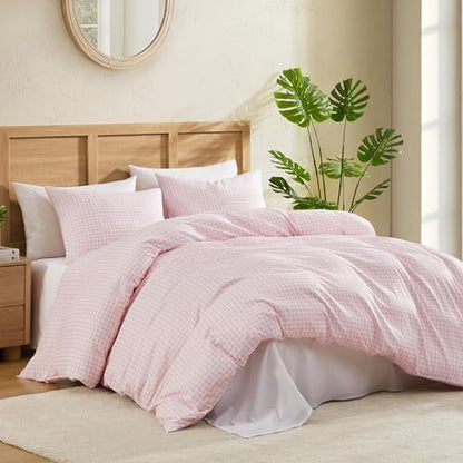 Andency Pink Gingham Duvet Cover King, Blush Checkered Plaid Bedding Set