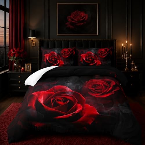 Nttopship Red Rose Comforter Set Queen,Red Roses Bedding Set 3 Piece Bed in a Bag,Lover Romantic Flowers Comforter Valentine's Day Lightweight Soft Microfiber Bedding Set