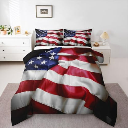 Erosebridal American Flag Comforter Set, United States Down Comforter Twin Size for Kids Boys Teens, USA Federations Stars Bedding Set Geometric Stripes Quilted Duvet for Bedroom, Blue White and Red