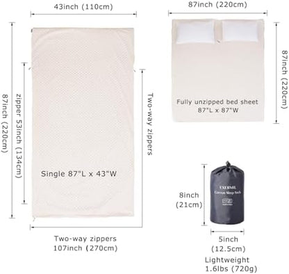 100% Cotton Sleeping Bag Liner with Full Length Zipper on 3 Sides; Single/Double Adult Sleep Sack for Travel & Camping, Multifunctional Travel Sheets (Unzipped 87”x87”) for Hotel, Lightweight