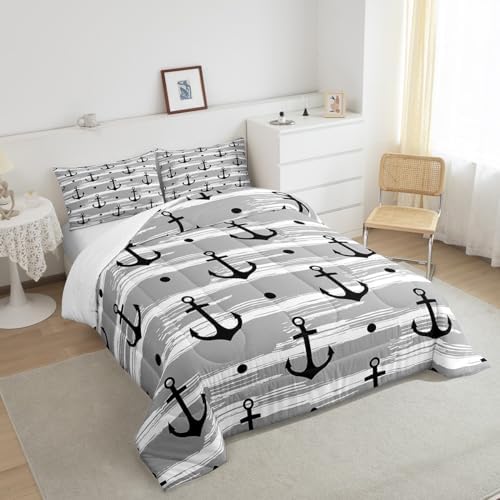 Manfei Anchor Comforter Set Full Size, Nautical Theme Bedding Set 3pcs for Kids Boys Teens Adults Bedroom Decor, Rustic Farmhouse Grey Down Comforter Soft Polyester Quilt Set with 2 Pillowcases