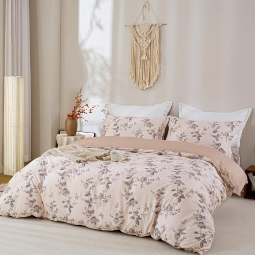 OAITE Twin Duvet Cover Set 3pcs 100% Cotton Vintage Dusty Pink Floral