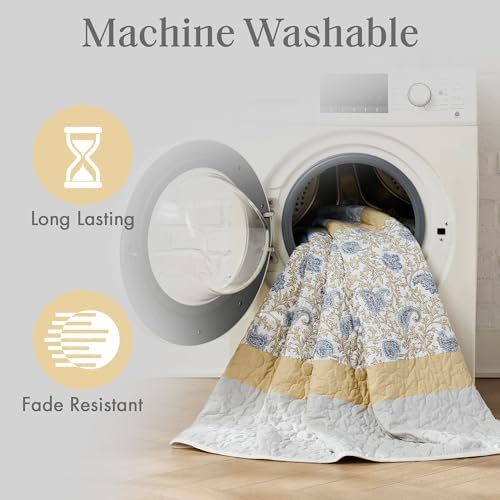 Madison Park 100% Cotton Quilt Set Floral Print, Double Sided Stitching, All Season, Lightweight Coverlet Shabby Chic Bedding Layer, Matching Shams, Full/Queen, Yellow 6 Piece
