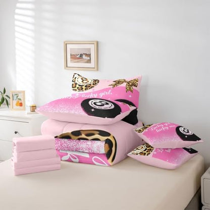 Pink Girly Fashion Y2K Queen Comforter Set 7 Piece Trendy Leopard Lucky 8 Ball Bedding Set For Kids Girls Teen,Cheetah Print Bow Bed In A Bag Preppy Room Decor,Fashion Coquette Aesthetic Bed Set