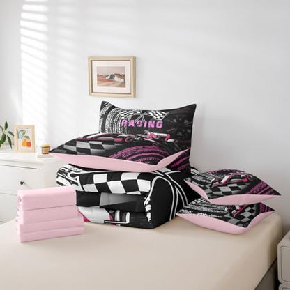 Girls Race Car 7 Pieces Bedding Set Full Bed in a Bag,Women Racing Game Comforter Set with Comforter,Flat,Fitted Sheet,Pillowcases,Pillow Covers,3D Pink Race Car Soft Warm Microfiber Bedding