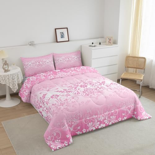 Feelyou Pink Gothic Damask Floral Comforter Set Queen Size Bedding Set