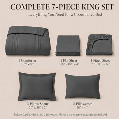 CozyLux King Size Comforter Set Dark Grey- 7 Pieces Bed in a Bag