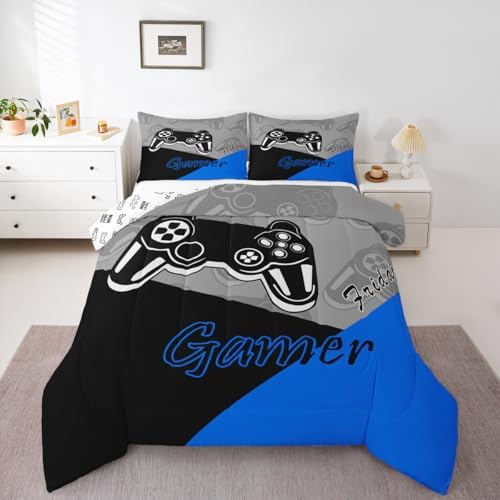 Feelyou Gaming Bedding Set for Kids Gamer - King Size, 1 Comforter with 2 Pillowcases - Blue, Black, Grey