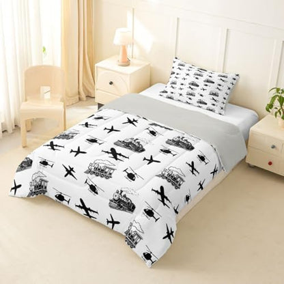 Feelyou Retro Vintage Train Comforter Set Toddler Size Airplane Print Bedding Set for Kids Boys Girls Aircraft Transport Vehicles Duvet Quilt Bedroom Decor Microfiber 2 Pcs with 1 Pillow Case