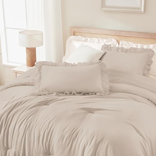 Andency Khaki King Size Comforter Set, 3 Pieces Solid Farmhouse Bedding