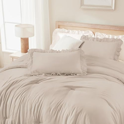Andency Khaki King Size Comforter Set, 3 Pieces Solid Farmhouse Bedding