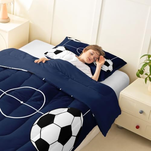 Castle Fairy Football Comforter Set Toddler Size,Boys Sports Theme Comforter for Kids Teens,Soccer Ball Gaming Down Comforter,Football Court Quilt Bedroom Decor 2 Pcs 1 Pillowcase,Blue White