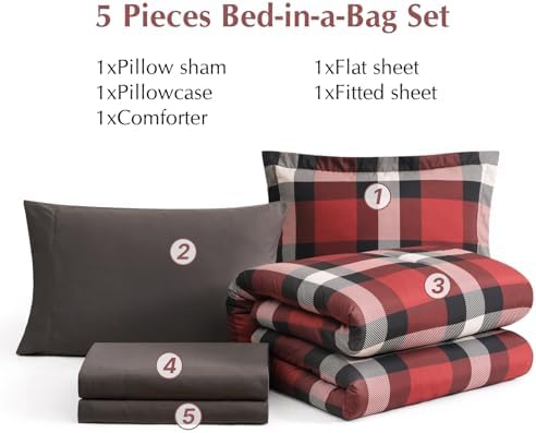 Plaid Twin XL Comforter Set Red 5 Pieces Bed in a Bag for College Dorm