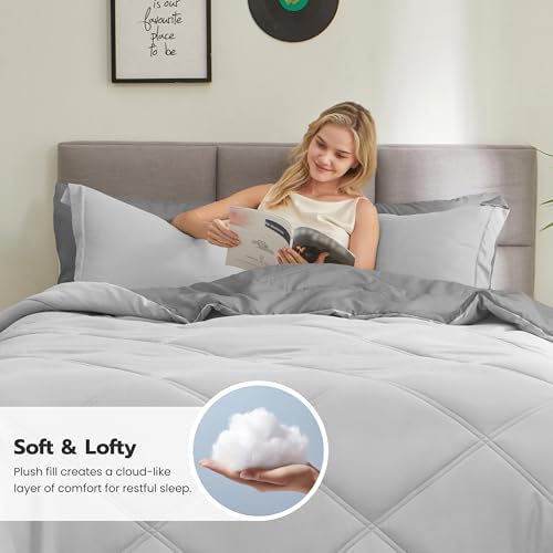 Joiedomi Full Size Comforter Set with Sheets Light Grey, 7 Pieces Full Size Bed Set with 1 Down Alternative Comforter, 1 Flat Sheet, 1 Fitted Sheet, 2 Pillowcases and 2 Pillow Shams, Bed in a Bag
