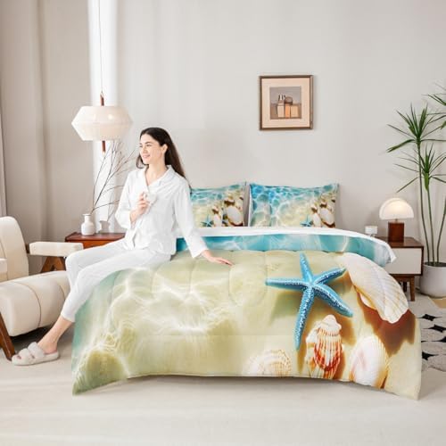Erosebridal Ocean 7 Piece Bedding Set Full Beach Comforter Set with Sheets Coastal Nature Bed in A Bag Hawaiian Sea Wave Animals Shell Starfish Bed Sets with 2 Pillowcases, 2 Throw Pillow Covers