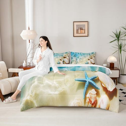 Erosebridal Ocean 7 Piece Bedding Set Full Beach Comforter Set with Sheets Coastal Nature Bed in A Bag Hawaiian Sea Wave Animals Shell Starfish Bed Sets with 2 Pillowcases, 2 Throw Pillow Covers