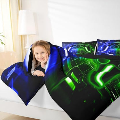 Erosebridal Gaming Comforter Set Gamer Girl Toddler Bedding Set, Neon Lights Video Game Consoles Comforter Blue Green Brick Cube Quilt,Video Game Decor
