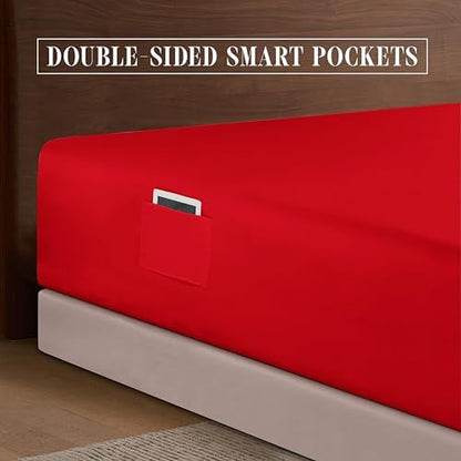 Elegant Comfort 1500 Premium Hotel Quality 18-24 Inches Deep - Extra Deep Pocket Single Fitted Sheet for High Mattress, Luxury and Softest, Smart Pocket - Wrinkle Free, Queen, Red