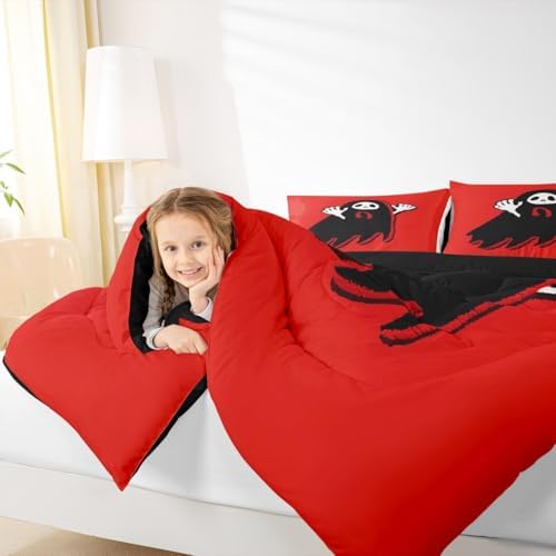 Manfei Cartoon Ghost Kids Comforter Set Twin Size,Happy Halloween Gothic Trippy Bedding Set,Girls Boys Room Decor,Western Holiday Before Christmas Quilt Comforter,Red Black Duvet Insert,1 Pillowcase