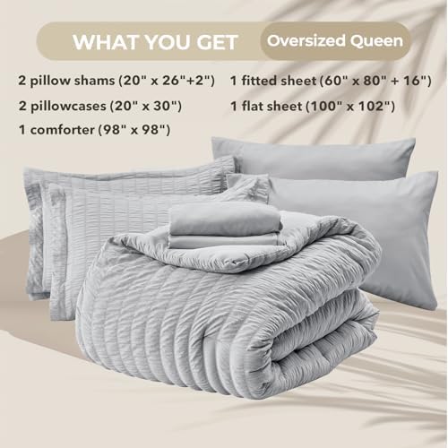 HYMOKEGE Light Grey Oversized Queen Comforter Set Seersucker 7 Pieces, All Season Luxury Bed in a Bag for Bedroom, Bedding Set with Comforter, Sheets, Pillowcases & Shams