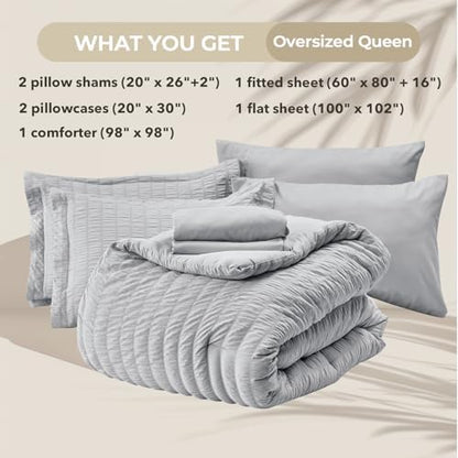 HYMOKEGE Light Grey Oversized Queen Comforter Set Seersucker 7 Pieces, All Season Luxury Bed in a Bag for Bedroom, Bedding Set with Comforter, Sheets, Pillowcases & Shams