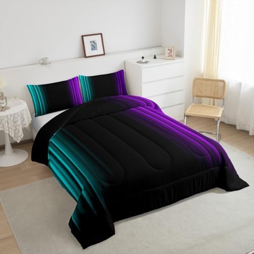 Feelyou Teens Abstract Ombre Decorations Bedding Set for Kids Women Teal Purple and Black Comforter Set Geometric Modern Quilt Set Room 2Pcs Twin Size