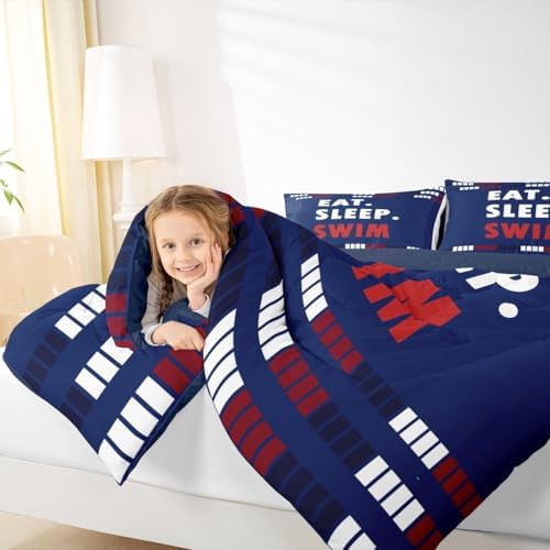 Homewish Swim Lover Comforter Set Twin Size,Kids Swimming Bedding Sets 2Pcs for Teens Boys Men Adult Room Decor,Swimming Sports Quilted Duvet Chic Navy Blue Red Lines Down Comforter,1 Pillowcase