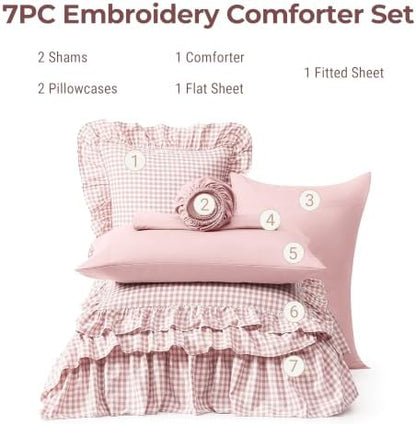 King Size Comforter Set Pink Gingham Ruffle 7 Pieces Farmhouse Bed in a Bag