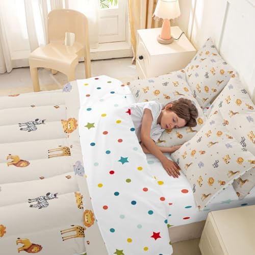 Erosebridal Cute Animals 7 Pieces Bedding Set Cartoon Giraffe Lion Tiger Wildlife Twin Comforter Set Kids Zoo Wild Animals Bed in A Bag with Flat and Fitted Sheet Elephant Zebra Woodland Bed Set