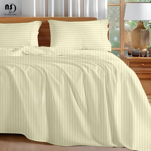 NON Sticky cotton King 4 Piece Sheet Set, 100% Long Staple Cotton, Soft Cooling Hotel Luxury Bedding Sheets, Deep Pocket Fits 10" to 18" Mattress, 78" x 80", Ivory Stripe