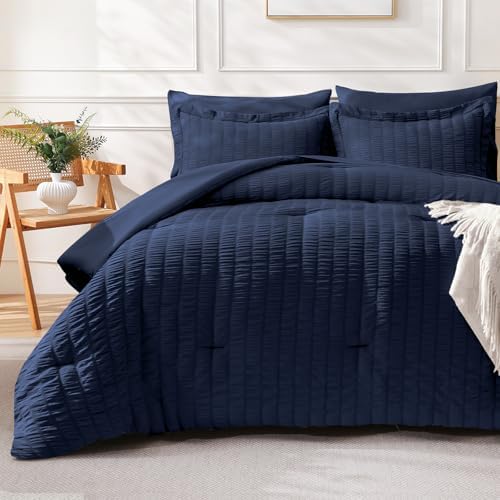 FreshCulture Comforter Set Seersucker 7 Pieces, All Season Bedding Set Full, Bed in a Bag Comforter Set with 1 Comforter, 1 Flat Sheet, 1 Fitted Sheet, 2 Pillowcases and 2 Pillow Shams, Navy