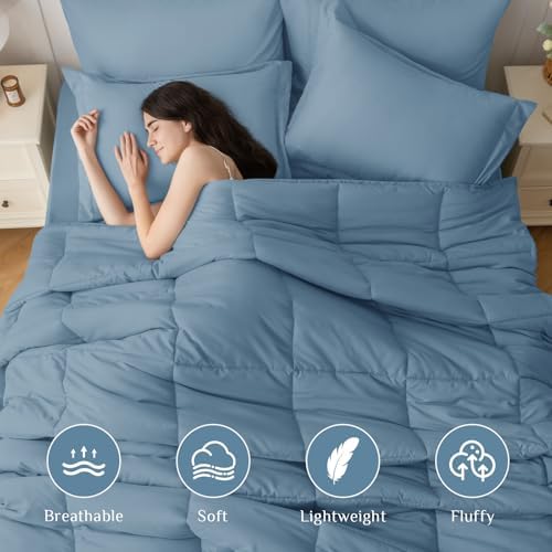 JOLLYVOGUE Full Comforter Set, Ultra-Soft Bed in a Bag Full Size 7 Pieces, Oeko-TEX Certified Bedding Set with Down Alternative Comforter, Sheets, Pillowcases & Shams, Dusty Blue