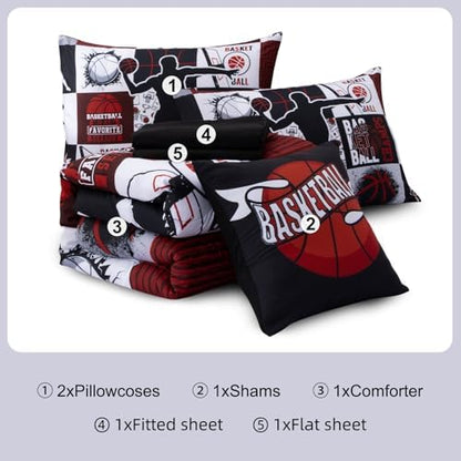 Aimuan Sports Geometric Grid Black Patchwork Basketball Printed for Boys Twin 6Pcs Bed in A Bag Black and Red Comforter Bedding Set Twin Size, Black-Red