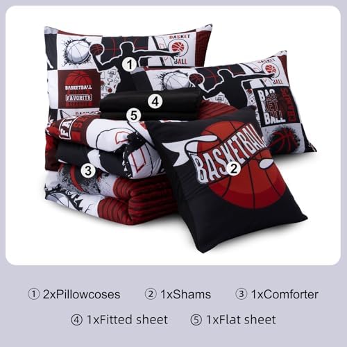 Aimuan Basketball Bedding Set for Boys Kids Teens, Soft Black and Red Sports Geometric Grid Patchwork Theme Basketball Bedding Sets Full Size, Black-Red