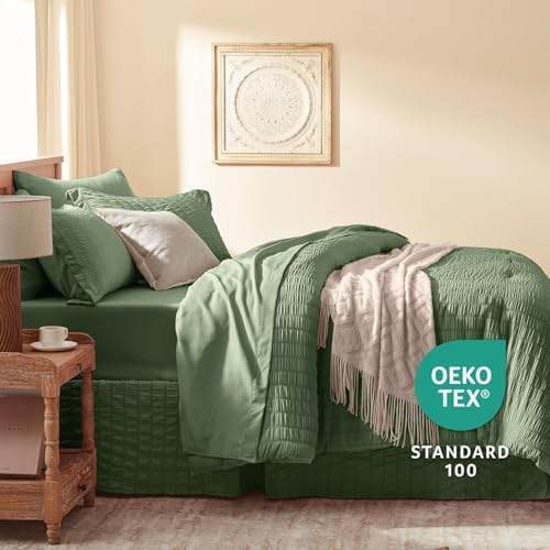 Laojin Balhen Queen Comforter Set 7 Pieces, Olive Green Seersucker Bed in a Bag Set Queen Size, All Season Luxury Bedding Sets with Comforter, Sheets, Pillowcase & Sham