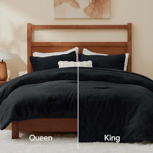 BEDELITE Faux Fur Queen Comforter Set Black,Warm Bedding with 2 Pilowcases