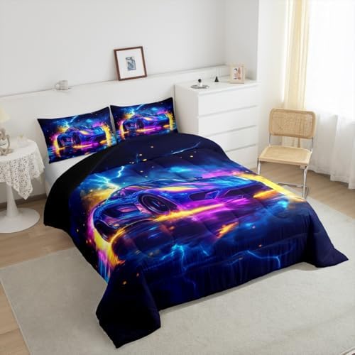 Erosebridal Neon Race Car Bed for Boys,Cool Watercolor Sports Car Comforter Toddler Size for Kids Boys Girls,Extreme Sports Car Racing Games Bedding Sets,Teal Blue Lightning Duvet Insert,Purple Blue