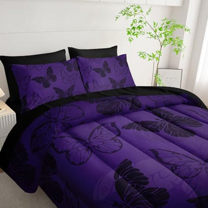 7pcs Purple Butterfly Comforter Set Black Purple Printed Bedding Set with 1 Comforter, 1 Flat Sheet, 1 Fitted Sheet and 4 Pillowcases for Boys and Girls Bedroom (Butterfly-5 Full