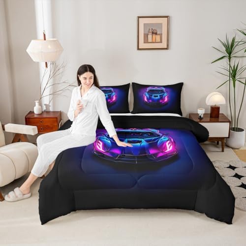 Kids Boys Sports Car Comforter Set Full Size Purple Blue Race Car Bedding Sets for Kids Teens Room Decor Extreme Sports Theme Comforter Cool Speed Luxury Car Decor Quilt Set Soft for All Season